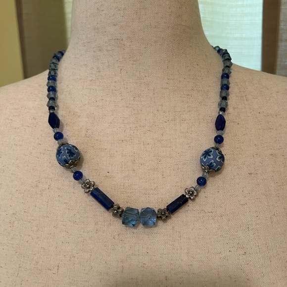 Jewelry - Blue Floral Bead Necklace with Lapis Lazuli and Glass Beads